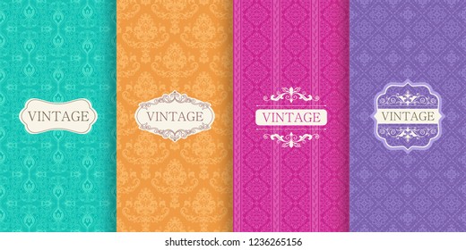 Set of Cute bright seamless patterns with frames. Seamless patchwork in turkish style on vibrant background. Islam, Arabic, Indian, ottoman motifs. Vector hand drawn illustration.