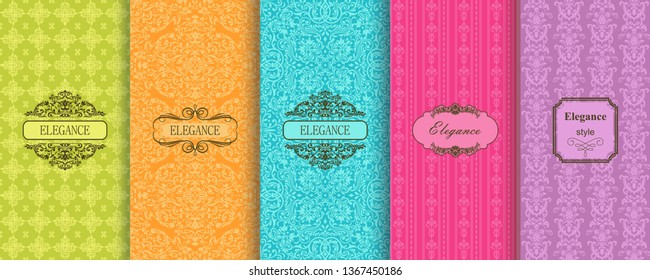 Set of Cute bright seamless patterns with frames. Seamless Damask pattern on vibrant background. Islam, Arabic, Indian, Ottoman motifs. Vector hand drawn illustration.