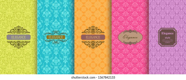 Set of Cute bright seamless patterns with frames. Seamless Damask pattern on vibrant background. Islam, Arabic, Indian, Ottoman motifs. Vector hand drawn illustration.