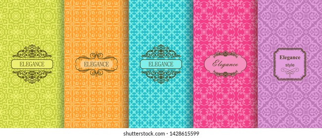 Set of Cute bright seamless patterns with frames. Seamless Damask pattern on vibrant background. Islam, Arabic, Indian, Ottoman motifs. Vector hand drawn illustration.