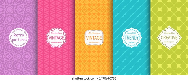 Set of Cute bright seamless patterns. Vector illustration bright design. Abstract seamless geometric pattern on vibrant background.