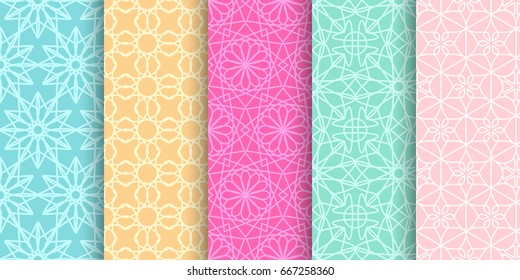 Set of cute bright seamless patterns. Abstract geometric background. Vector illustration.