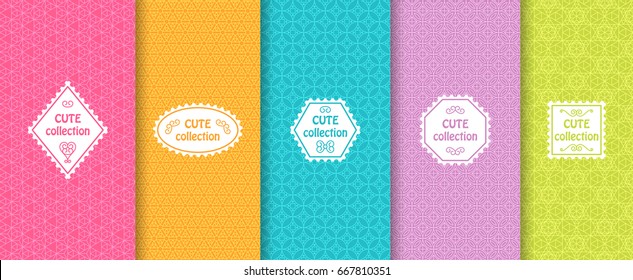 Set of cute bright seamless patterns with frames. Abstract geometric background. Vector illustration.