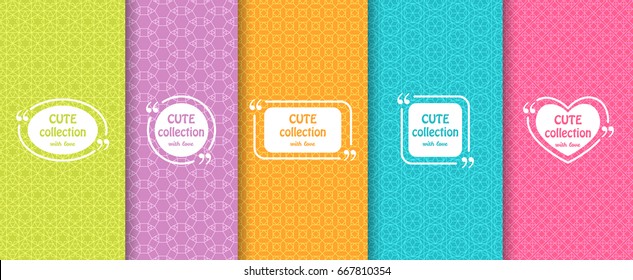 Set of cute bright seamless patterns with frames. Abstract geometric background. Vector illustration.