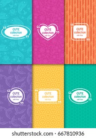 Set of cute bright seamless patterns with frames. Abstract geometric background. Vector illustration.