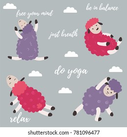 Set of cute bright sheep doing yoga asanas