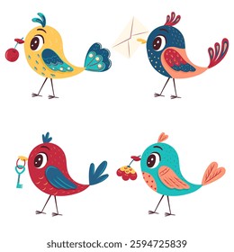 A set of cute bright spring birds with a flower, a letter, a key, and a berry in their beak. A collection of spring elements for decorating postcards, clothes, stickers. Isolated vector illustration.