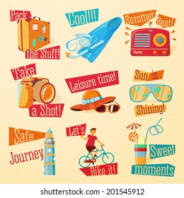 Set of cute bright summer icons with typographic elements. Suitcase, flippers, swimming mask, radio, photo camera, hat, sunglasses, beacon, bike, cocktail . Vector.