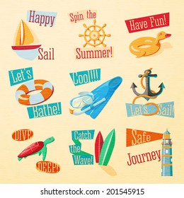 Set of cute bright summer icons with typographic elements. Yacht, wheel, rubber duck, lifebuoy, flippers, anchor, beacon, surf, turtle, swimming mask. Vector.