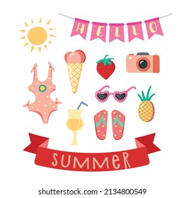 Set of cute bright summer icons: food, drinks, fruits, glasses, camera, swimsuit, sun. Bright summer poster. Collection of scrapbooking elements for beach party. Vector illustration.