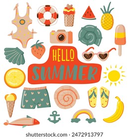 Set of cute bright summer icons: food, drinks, fruits, glasses, camera, swimsuit, sun. Bright summer poster. Collection of scrapbooking elements for beach party. Vector illustration.