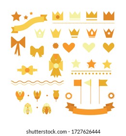 Set of cute bright yellow flat simple elements of various shapes. Crown, ribbons, banners, bows, flags, stars, hearts, badges, lines, flowers, insects isolated on white background. Stickers for kids. 