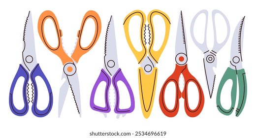 Set of cute brightly colored simple kitchen scissors. Concept of variety of kitchen utensils, scissors for chicken, vegetables, canned food. Vector flat illustration