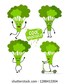 Set of cute broccoli character in cartoon style