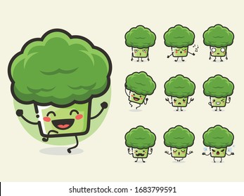 Set of cute broccoli character in different action emotion