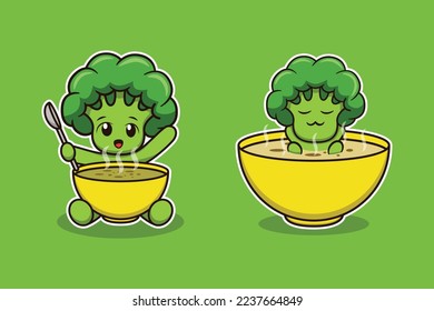 Set Of Cute Broccoli Eating Soup Vector Illustration