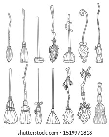 Set of cute broomstick doodles. Collection of Happy Halloween related icons - magic brooms. Cartoon images elements: witch or wizard old flying brooms
