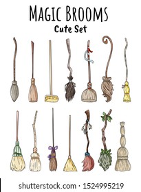 Set of cute broomstick doodles. Collection of Happy Halloween related illustrations - magic brooms. Cartoon images elements: witch or wizard old flying brooms