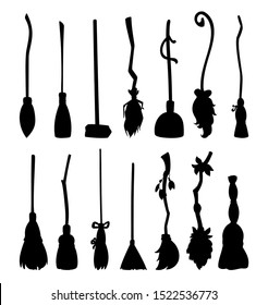 Set of cute broomstick silhouettes. Collection of Happy Halloween related icons - magic brooms. Cartoon images elements: witch or wizard old brooms