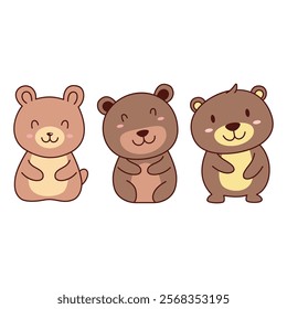 Set of Cute Brown Bear Animal Cartoon Character  with Happy Expression