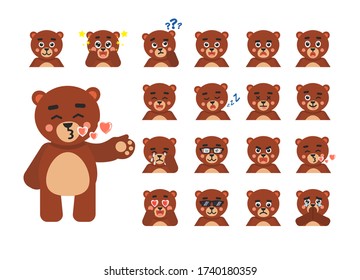 Set of cute brown bear avatars, emoticons. Bear laugh, cry, sad, angry,  sleep, dazed, surprised, cool, in love and showing other expressions. Vector illustration