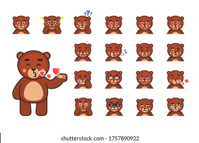Set of cute brown bear avatars, emoticons. Bear laugh, cry, sad, angry,  sleep, dazed, surprised, cool, in love and showing other expressions. Vector illustration
