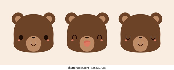 Conjunto de adorables iconos de caricaturas de osos marrones. Ilustración vectorial plana.	