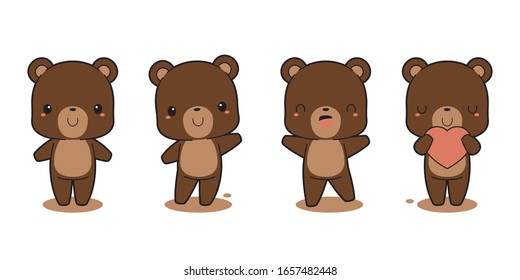 Set of cute brown bear cartoon characters. Kawaii style vector illustration.