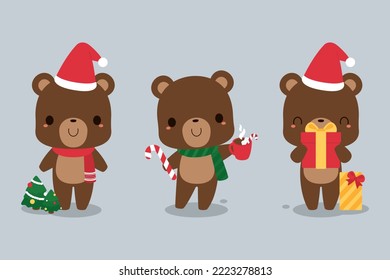 Set of cute brown bear cartoon characters wearing Santa hat and scarf. Festive Christmas holiday season concept. Flat vector illustration.