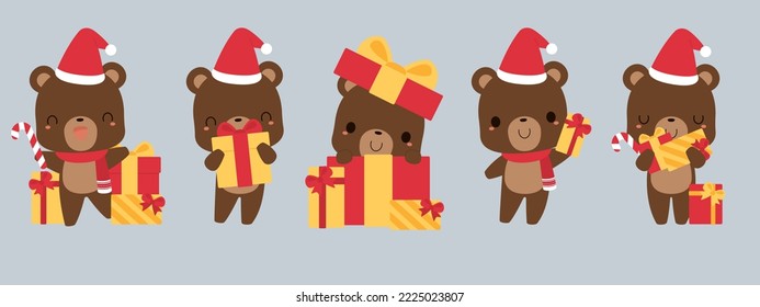 Set of cute brown bear cartoon characters wearing Santa hat and scarf, holding gift boxes. Festive Christmas holiday season concept. Flat vector illustration.