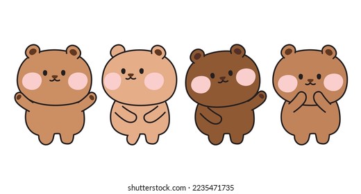 Set of cute brown bear in various poses on white background.Wild animal character cartoon design collection.Kid graphic.Isolated.Baby clothing screen.Kawaii.Vector.Illustration. 