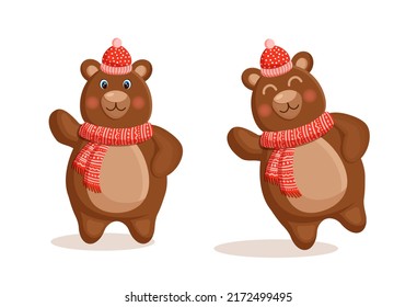 Set of cute brown bear in winter hat and scarf. Vector illustration.
