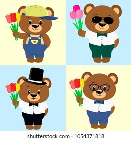 Set of cute brown bears of boys in different clothes with a bouquet of tulips in the style of a cartoon.