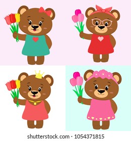 Set of cute brown bears of girl in different clothes with a bouquet of tulips in the style of a cartoon.