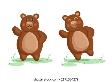 Set of cute brown bears on green grass. Vector illustration.