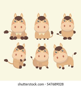 A set of cute brown cartoon horses.