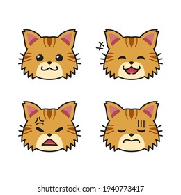 Set of cute brown cat faces showing different emotions for design.