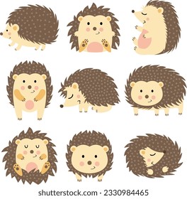 Set of cute brown hedgehog

