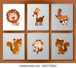 set of cute brown lion, squirrel, flying fox and deer vector designs. cartoon animal illustration