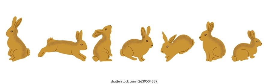 Set of cute brown rabbits in different poses including sitting, jumping and crouching. Bunny clipart perfect for Easter designs, spring themes, nursery prints, cards, stickers.Vector illustration