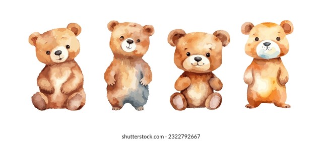 Set of cute brown teddy bear watercolor isolated on white background. Vector illustration