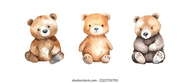 Set of cute brown teddy bear watercolor isolated on white background. Vector illustration