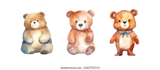 Set of cute brown teddy bear watercolor isolated on white background. Vector illustration