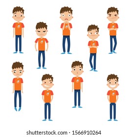 Set of a cute brown-haired boy in blue pants with different facial emotions. Vector illustration in flat cartoon style.