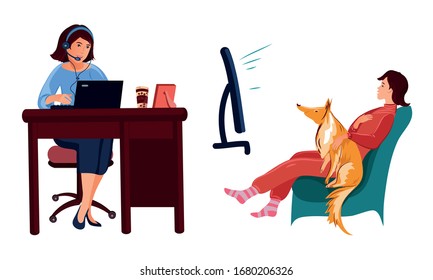 Conjunto de la linda chica morena haciendo cosas cotidianas. Ilustración vectorial al estilo de las caricaturas planas.