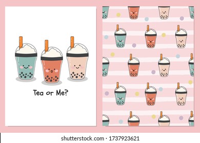 Set of cute  bubble milk ice teas with whipped cream topping in plastic containers vector banner, seamless illustration patern background of sweet color boba tea for paper art, clothes or card.