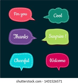 set of cute bubble speech with short message, text space with dash line vector, hand draw colorful chat symbol