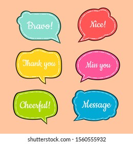 set of cute bubble speech with short message, text space with dash line vector, hand draw colorful sticker for chat symbol, social media or label