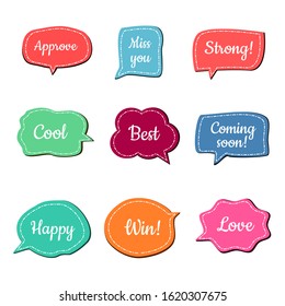 set of cute bubble speech with short message or inspirational word, text space with dash line vector, hand draw colorful sticker for chat symbol or dialog word