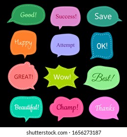 set of cute bubble speech with short message, Text space with dash line vector, hand drawn colorful sticker for chat symbol, dialog word, label or tag